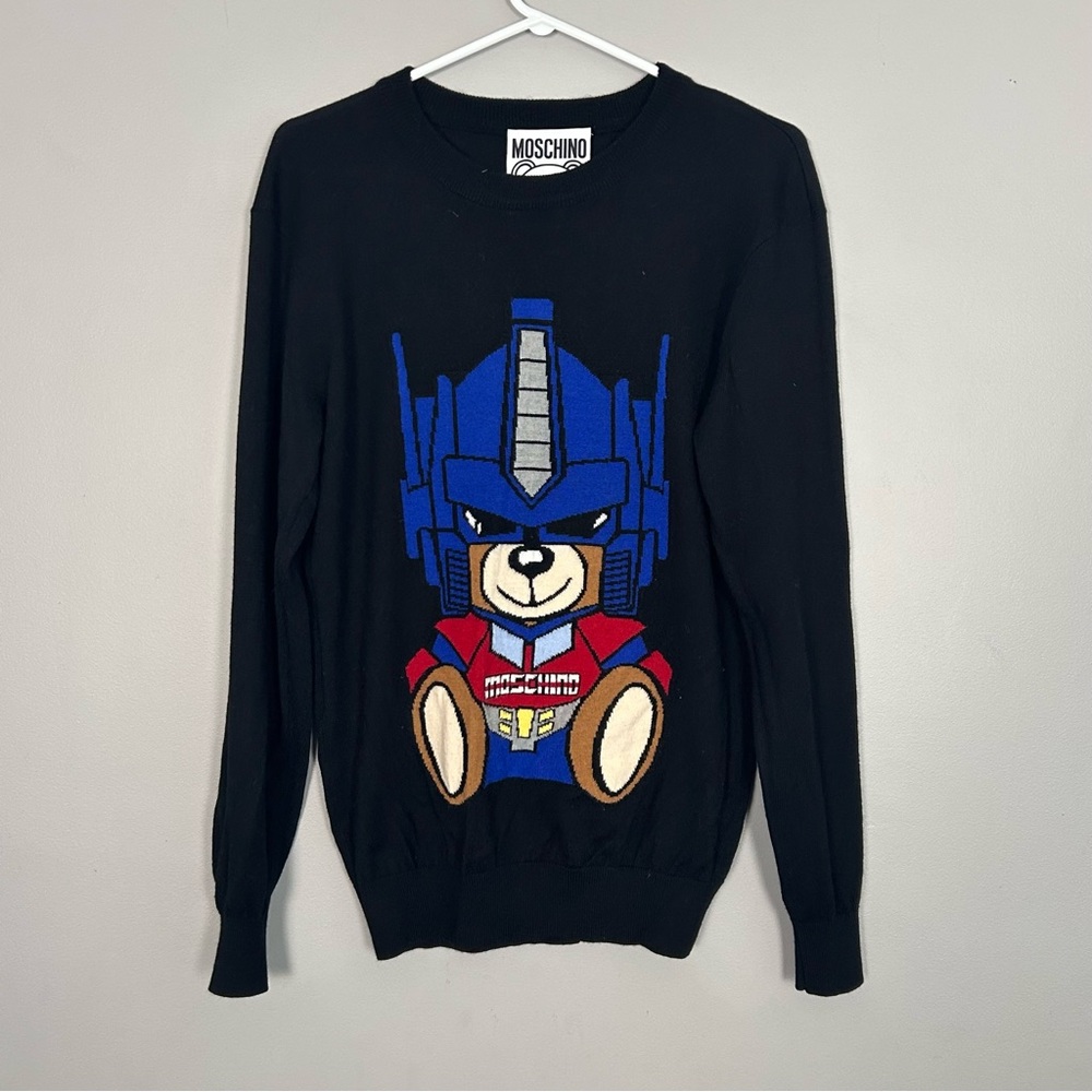 Moschino Couture Milano Black Knit Sweater with Transformers Robot Bear Size M